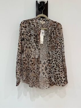 L'AGENCE Sheer Leopard Print Blouse - Beige Brown Black